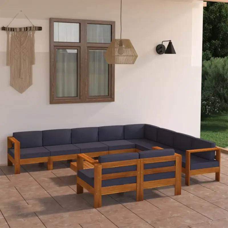 Massief acaciahout loungeset met afmetingen middenbank voor tuin en terras - Donkergrijs / hoek + 7x midden + Bank