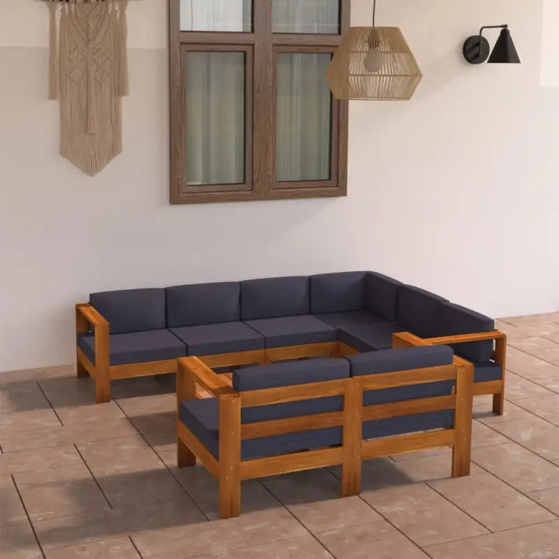 Massief acaciahout loungeset met afmetingen middenbank voor tuin en terras - Donkergrijs / hoek + 5x midden + Bank