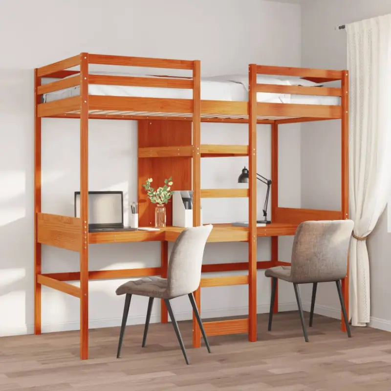 Massief Grenenhout Hoogslaper met Bureau Ideale Keuze voor Beperkte Ruimte - Wasbruin / 90 x 190cm cm - Bedden &