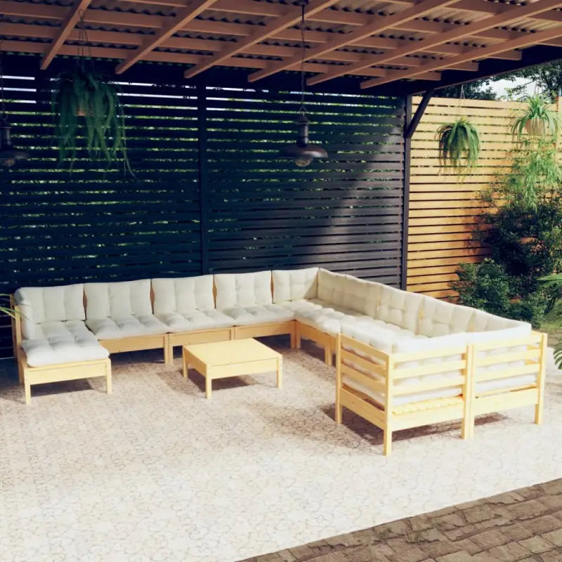 Massief Grenenhout Tuinset met voetenbank en rugzijkussens - Bruin en crème - Tuinsets