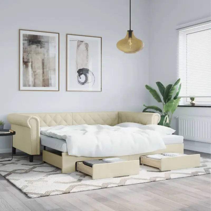 Massief hout 2-in-1 dagbed met modern ontwerp voor woonkamer of slaapkamer - Crème / 90 x 200 cm / met onderschuifbed