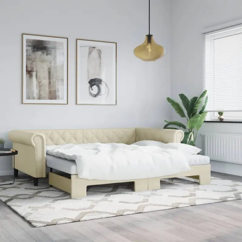 Massief hout 2-in-1 dagbed met modern ontwerp voor woonkamer of slaapkamer - Crème / 90 x 200 cm / met onderschuifbed