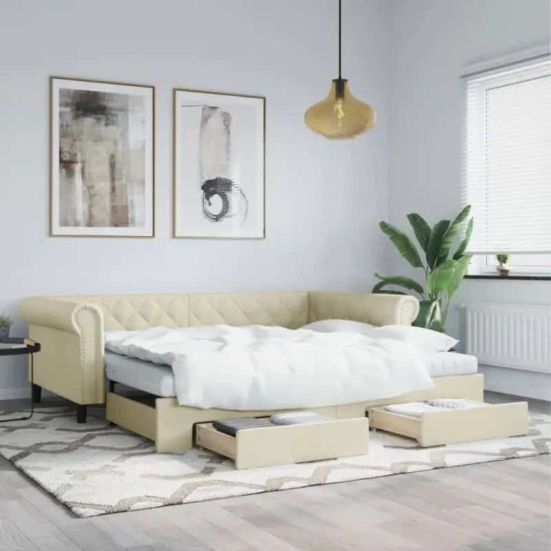 Massief hout 2-in-1 dagbed met modern ontwerp voor woonkamer of slaapkamer - Crème / 90 x 200 cm / met onderschuifbed