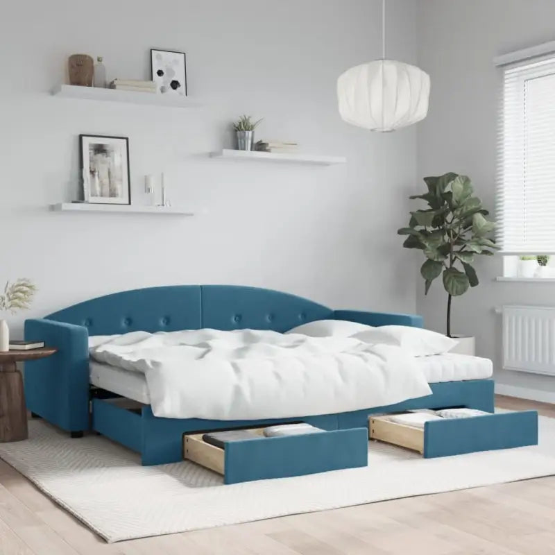 Massief hout dagbed met modern ontwerp voor woonkamer en slaapkamer - Blauw / 80 x 200 cm / met onderschuifbed en lade