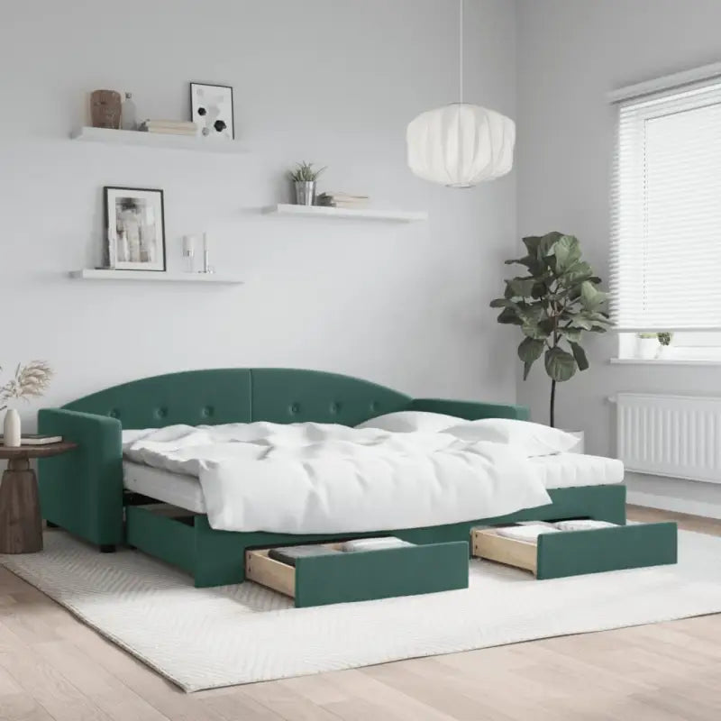 Massief hout dagbed met modern ontwerp voor woonkamer en slaapkamer - Donkergroen / 90 x 200 cm / met onderschuifbed