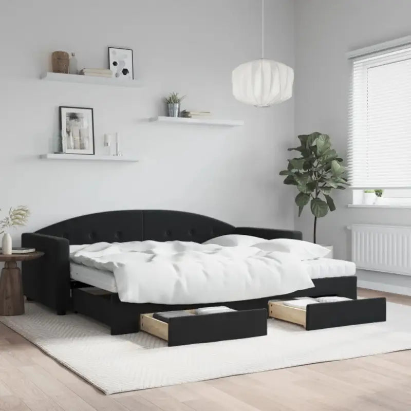 Massief hout dagbed met modern ontwerp voor woonkamer en slaapkamer - Zwart / 90 x 200 cm / met onderschuifbed en lade