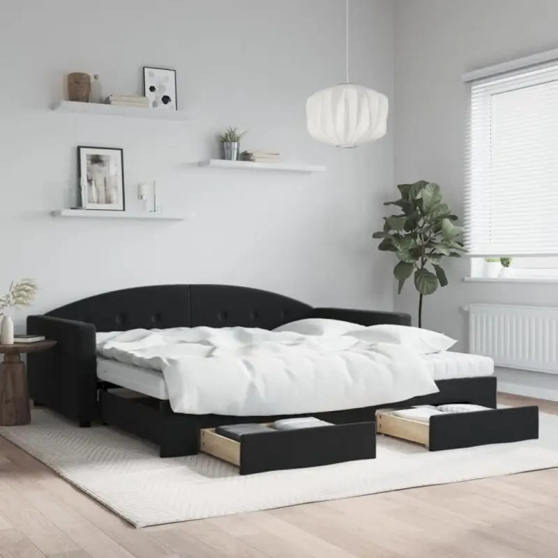 Massief hout dagbed met modern ontwerp voor woonkamer en slaapkamer - Zwart / 100 x 200 cm / met onderschuifbed en lade