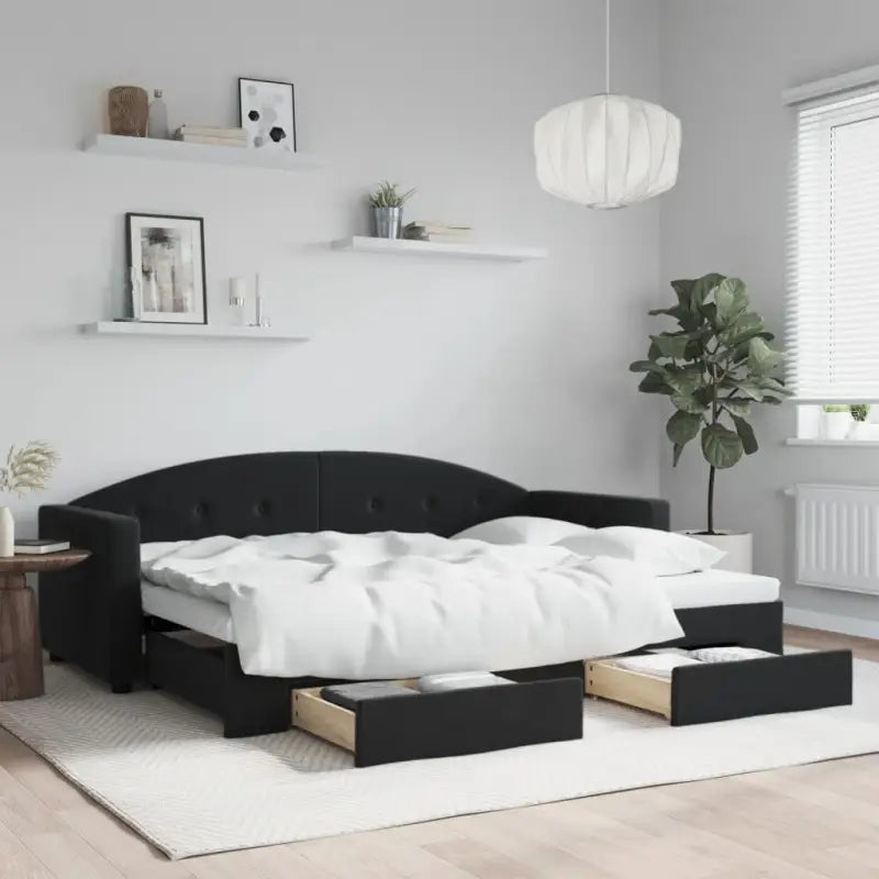 Massief hout dagbed met modern ontwerp voor woonkamer en slaapkamer - Zwart / 80 x 200 cm / met onderschuifbed en lade