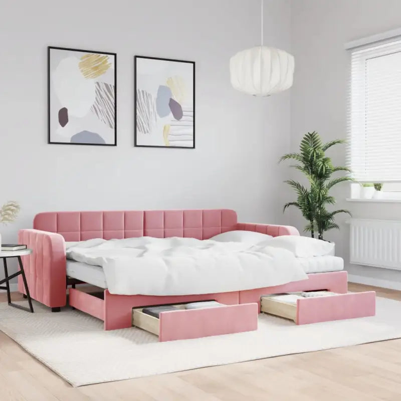 Massief hout dagbed met modern ontwerp voor woonkamer of slaapkamer - Roze / 80 x 200 cm / met onderschuifbed en lade