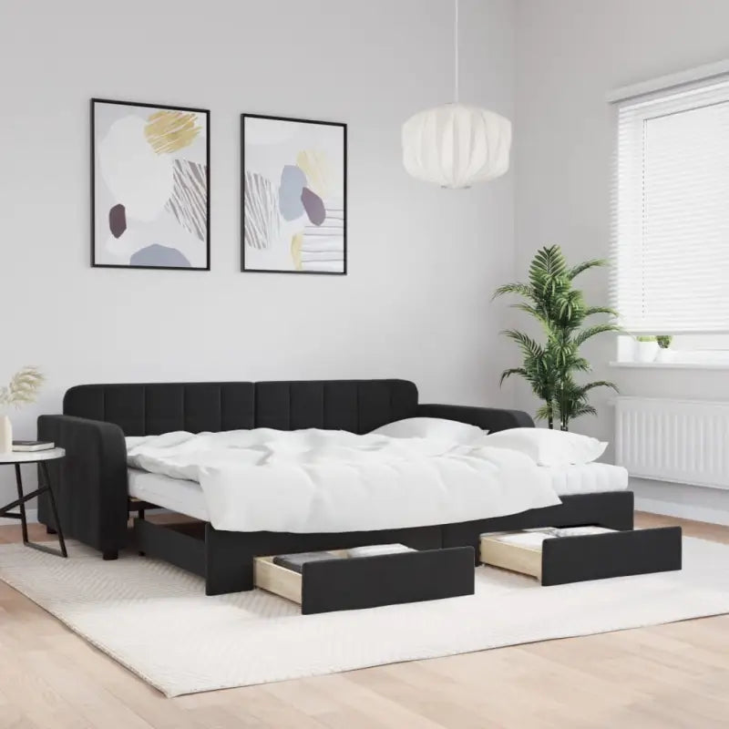 Massief hout dagbed met modern ontwerp voor woonkamer of slaapkamer - Zwart / 90 x 190 cm / met onderschuifbed en lade