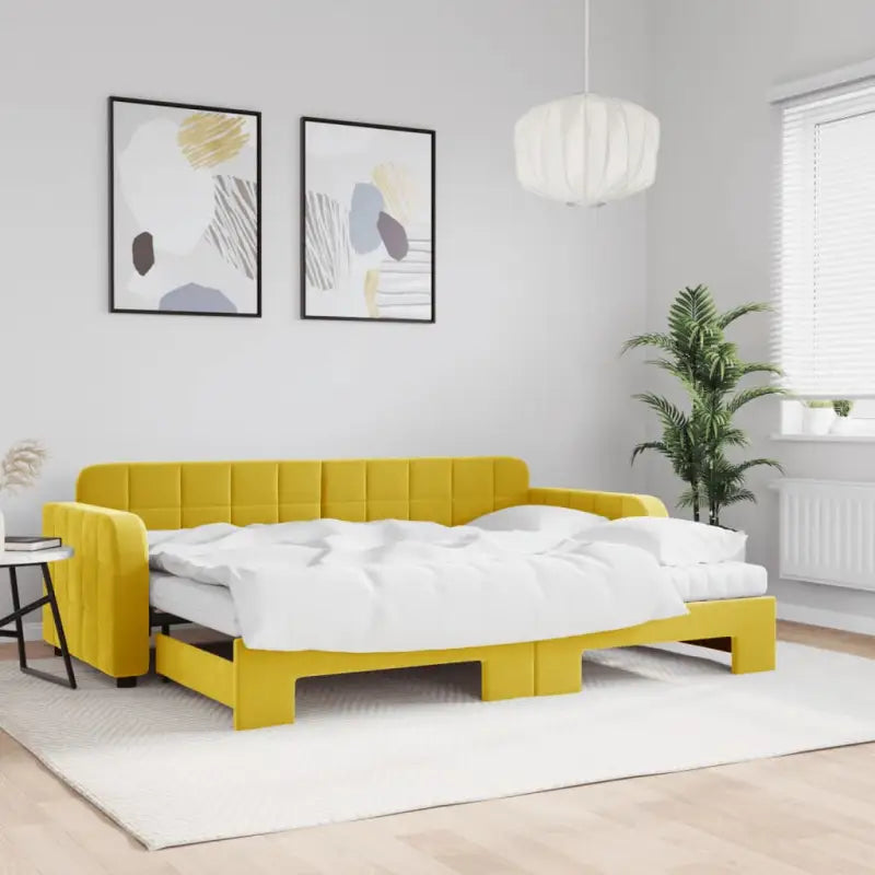 Massief hout dagbed met modern ontwerp voor woonkamer of slaapkamer - Geel / 80 x 200 cm / met onderschuifbed en matras