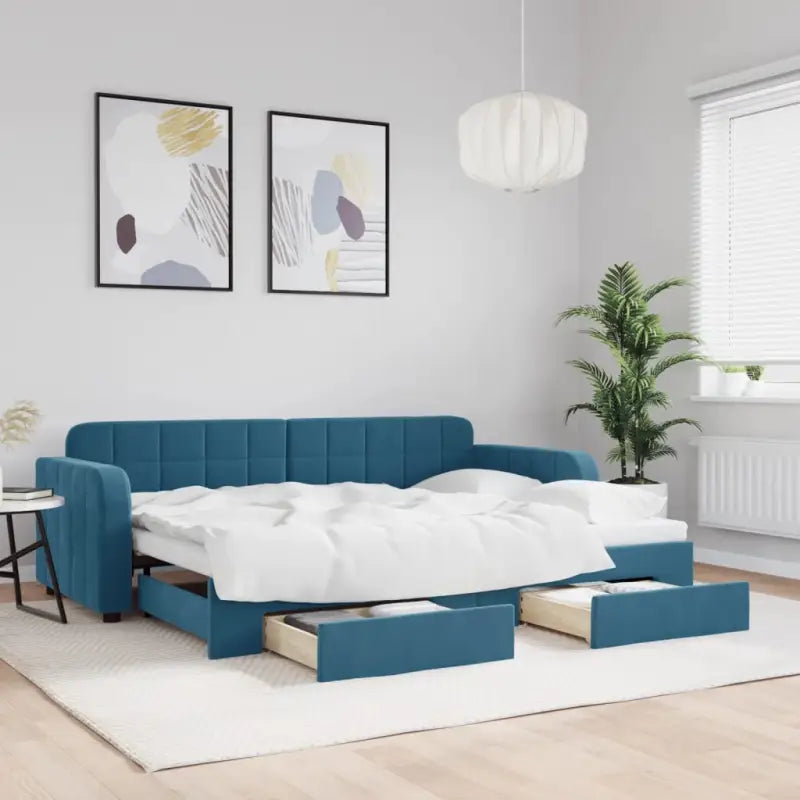 Massief hout dagbed met modern ontwerp voor woonkamer of slaapkamer - Blauw / 80 x 200 cm / met onderschuifbed en lade