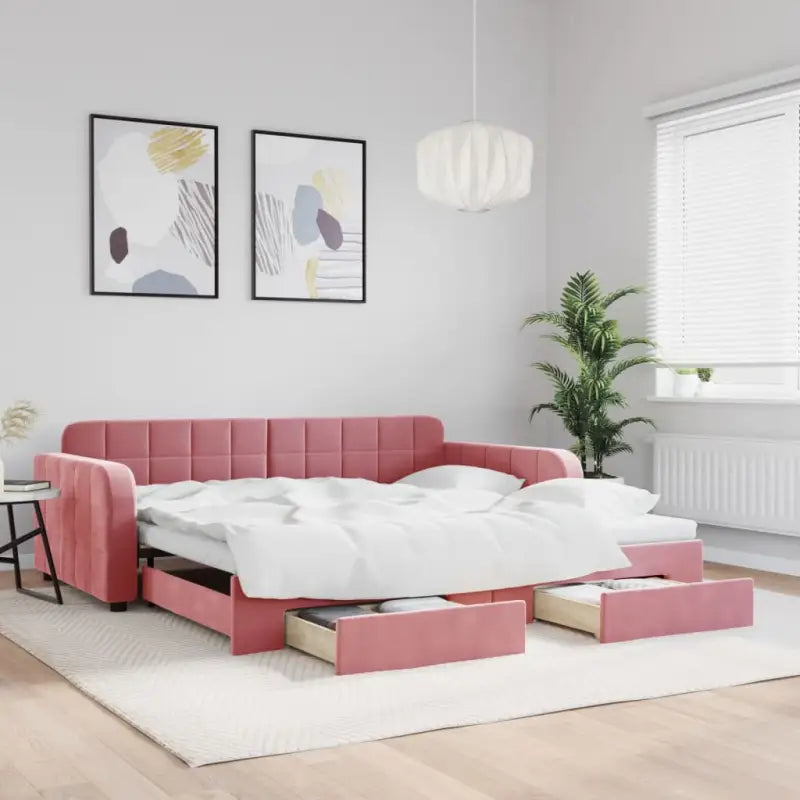 Massief hout dagbed met modern ontwerp voor woonkamer of slaapkamer - Roze / 100 x 200 cm / met onderschuifbed en lade