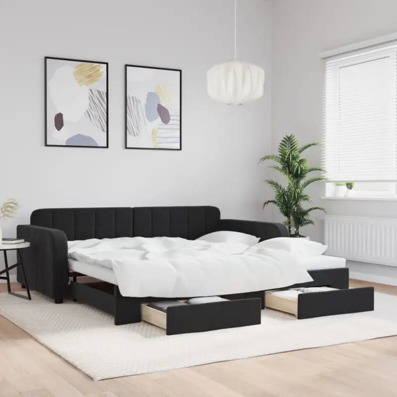 Massief hout dagbed met modern ontwerp voor woonkamer of slaapkamer - Zwart / 100 x 200 cm / met onderschuifbed en lade