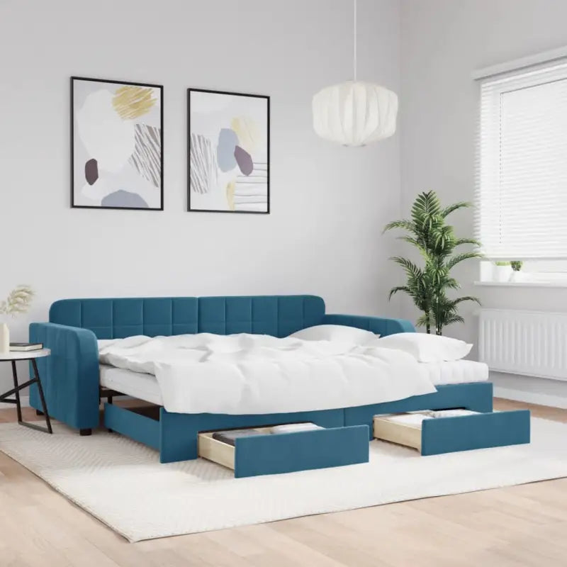 Massief hout dagbed met modern ontwerp voor woonkamer of slaapkamer - Blauw / 90 x 200 cm / met onderschuifbed en lade