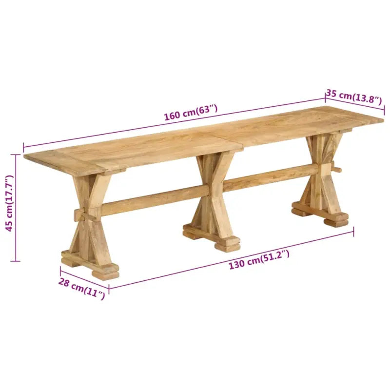 Massief mangohout bankje voor keuken en eettafel - 160 cm / met 3 poten - Keuken- & eettafelbanken
