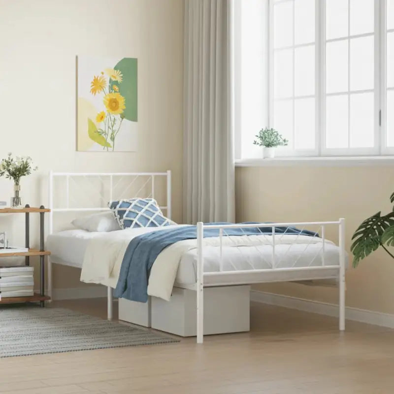 Metalen bedframe met extra opbergruimte en stevige metalen latten - Wit / 107 x 203 cm / met hoofdbord & voetbord