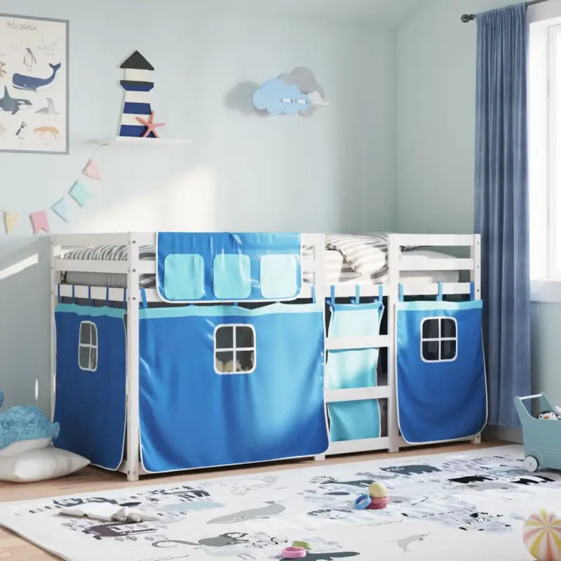 Metalen stapelbed in massief grenenhout voor compacte slaapkamers - Wit en blauw / 90 x 190 cm - Bedden & bedframes