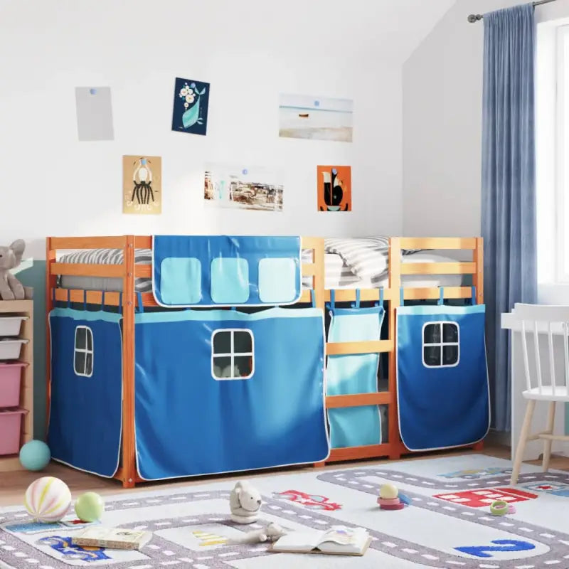 Metalen stapelbed van massief grenenhout voor een compacte kamer - lichtbruin en blauw / 75 x 190 cm - Bedden &