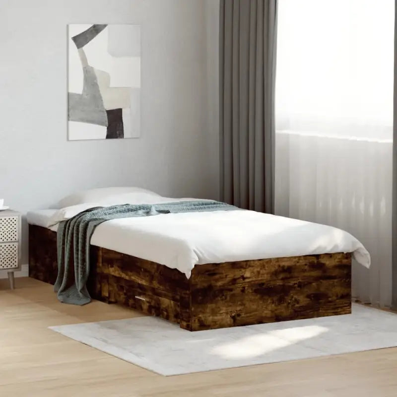 Modern bedframe met lades van bewerkt hout voor een eigentijdse slaapkamer - Gerookt eiken / 100 x 200 cm - Bedden &