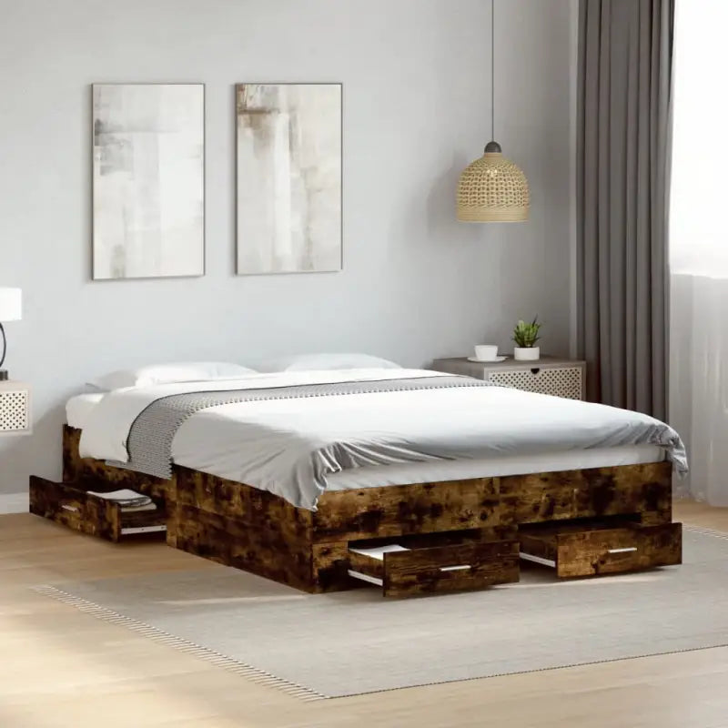 Modern bedframe met lades van bewerkt hout voor een eigentijdse slaapkamer - Gerookt eiken / 140 x 190 cm - Bedden &