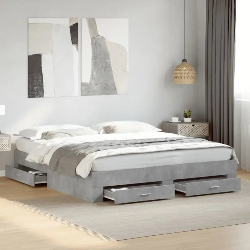 Modern bedframe met lades van bewerkt hout voor een eigentijdse slaapkamer - Betongrijs / 200 x 200 cm - Bedden &