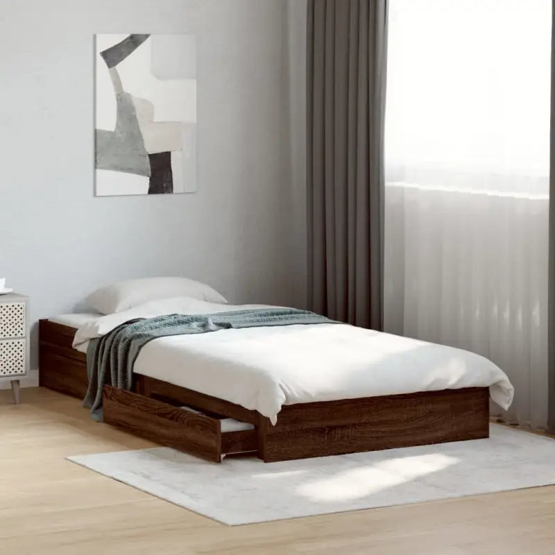 Modern bedframe met lades van bewerkt hout voor een stijlvolle slaapkamer - bruin eikenkleur / 90 x 200 cm - Bedden &