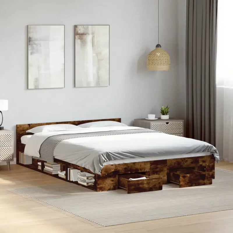 Modern bedframe met lades van bewerkt hout voor een stijlvolle slaapkamer - Gerookt eiken / 160 x 200 cm - Bedden &
