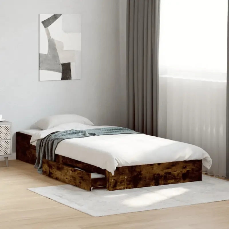 Modern bedframe met lades van bewerkt hout voor een stijlvolle slaapkamer - Gerookt eiken / 100 x 200 cm - Bedden &