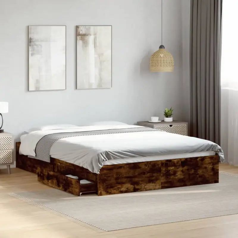 Modern bedframe met lades van bewerkt hout voor een stijlvolle slaapkamer - Gerookt eiken / 120 x 200 cm - Bedden &