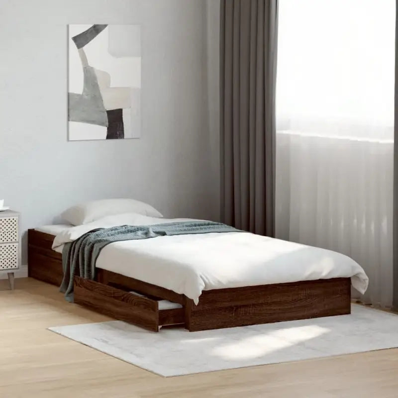 Modern bedframe met lades van bewerkt hout voor een stijlvolle slaapkamer - bruin eikenkleur / 75 x 190 cm - Bedden &