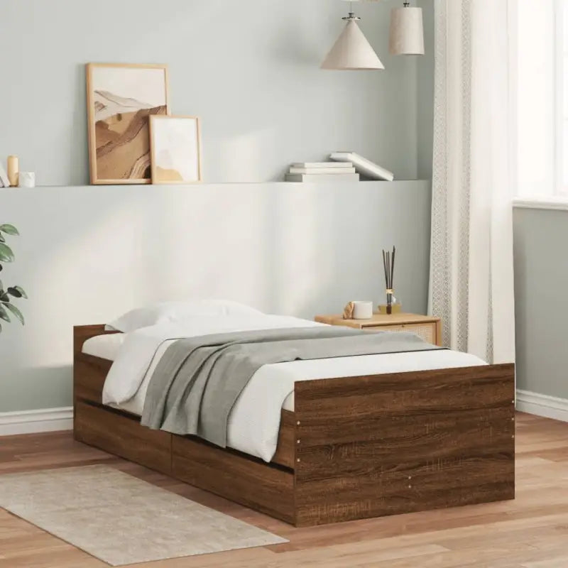 Modern bedframe met lades van bewerkt hout voor je slaapkamer - bruin eikenkleur / 100 x 200 cm - Bedden & bedframes