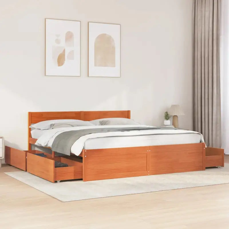 Modern bedframe met lades van massief grenenhout en multiplex lattenbodem - Wasbruin / 200 x 200 cm - Bedden & bedframes