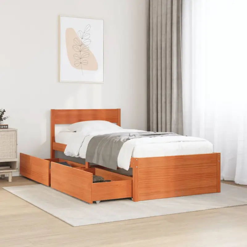 Modern bedframe met lades van massief grenenhout en multiplex lattenbodem - Wasbruin / 100 x 200 cm - Bedden & bedframes