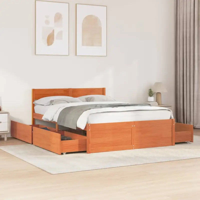 Modern bedframe met lades van massief grenenhout en multiplex lattenbodem - Wasbruin / 135 x 190 cm - Bedden & bedframes