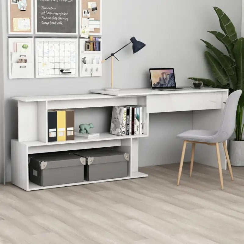 Modern bureaus van bewerkt hout met open vakken en hoogglans wit - Bureaus