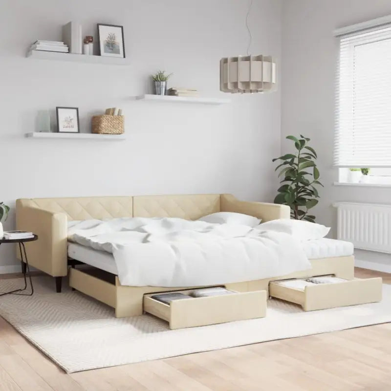 Moderne 2-in-1 slaapbank met onderschuifbed voor woon en slaapkamer - Crème / 100 x 200 cm / met onderschuifbed en lade