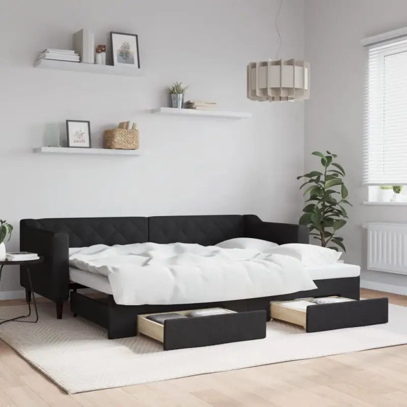 Moderne 2-in-1 slaapbank met onderschuifbed voor woon en slaapkamer - Zwart / 80 x 200 cm / met onderschuifbed en lade