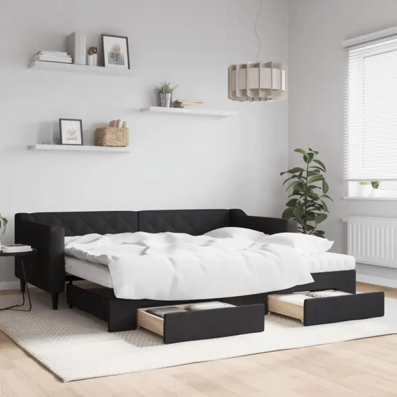 Moderne 2-in-1 slaapbank met onderschuifbed voor woon en slaapkamer - Zwart / 90 x 200 cm / met onderschuifbed en lade