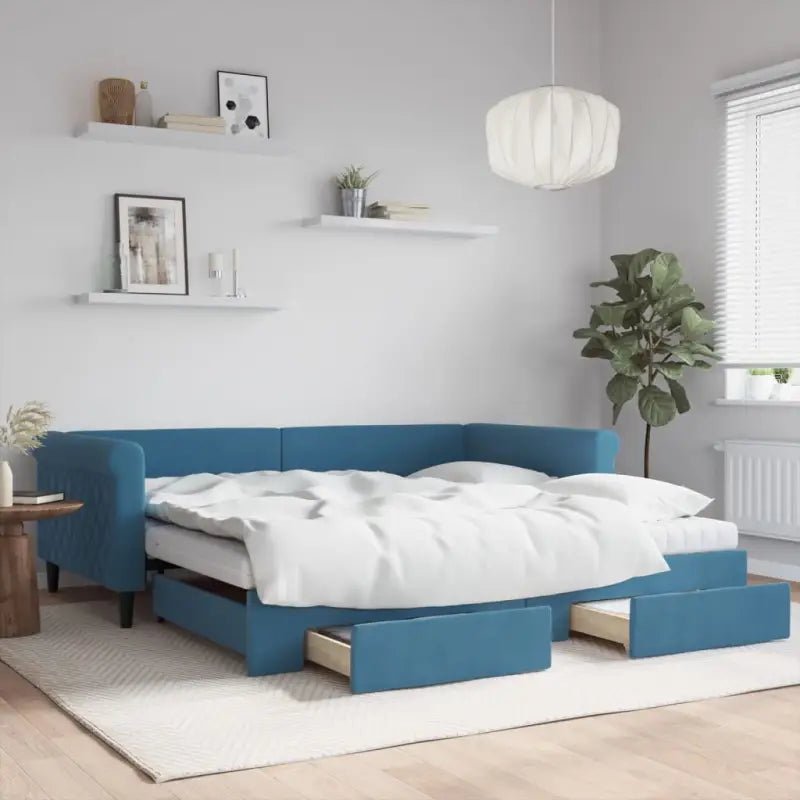 Moderne 2-in-1 slaapbank met onderschuifbed voor woon en slaapkamer - Blauw / 100 x 200 cm / met onderschuifbed en lade