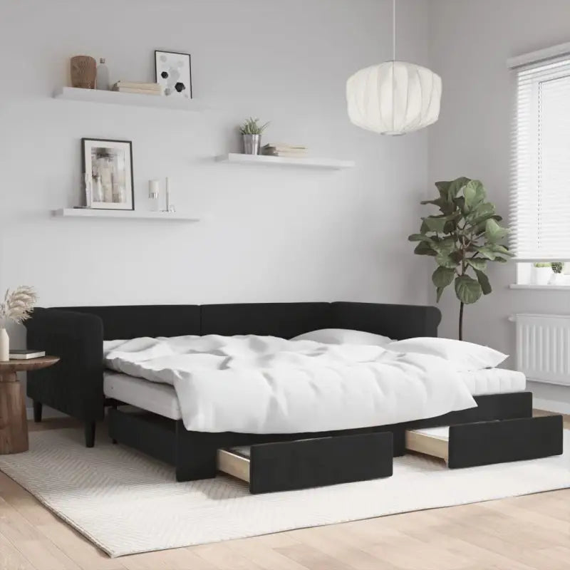 Moderne 2-in-1 slaapbank met onderschuifbed voor woon en slaapkamer - Zwart / 100 x 200 cm / met onderschuifbed en lade