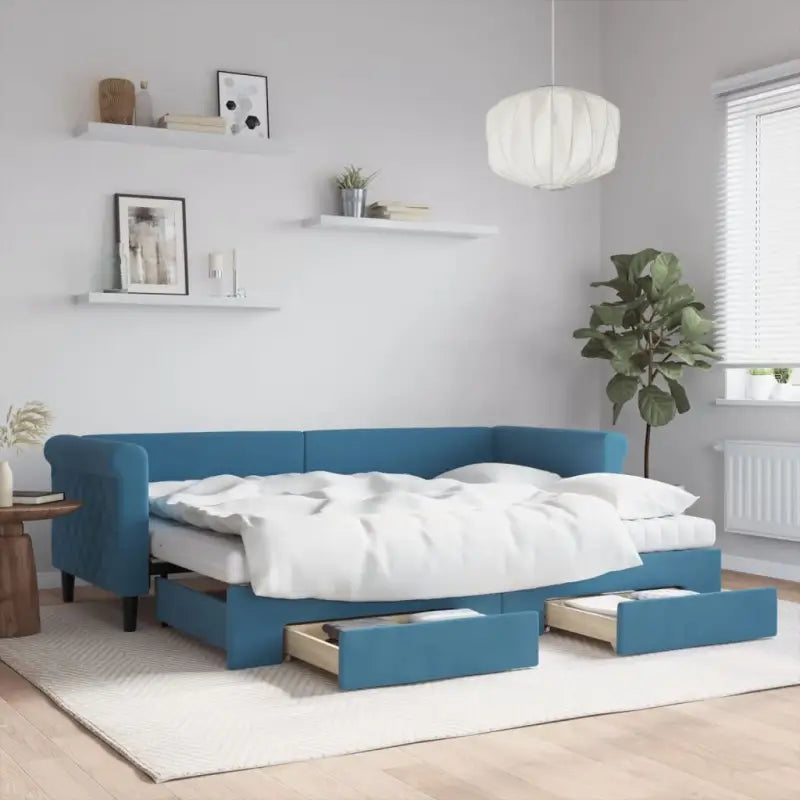 Moderne 2-in-1 slaapbank met onderschuifbed voor woon en slaapkamer - Blauw / 80 x 200 cm / met onderschuifbed en lade