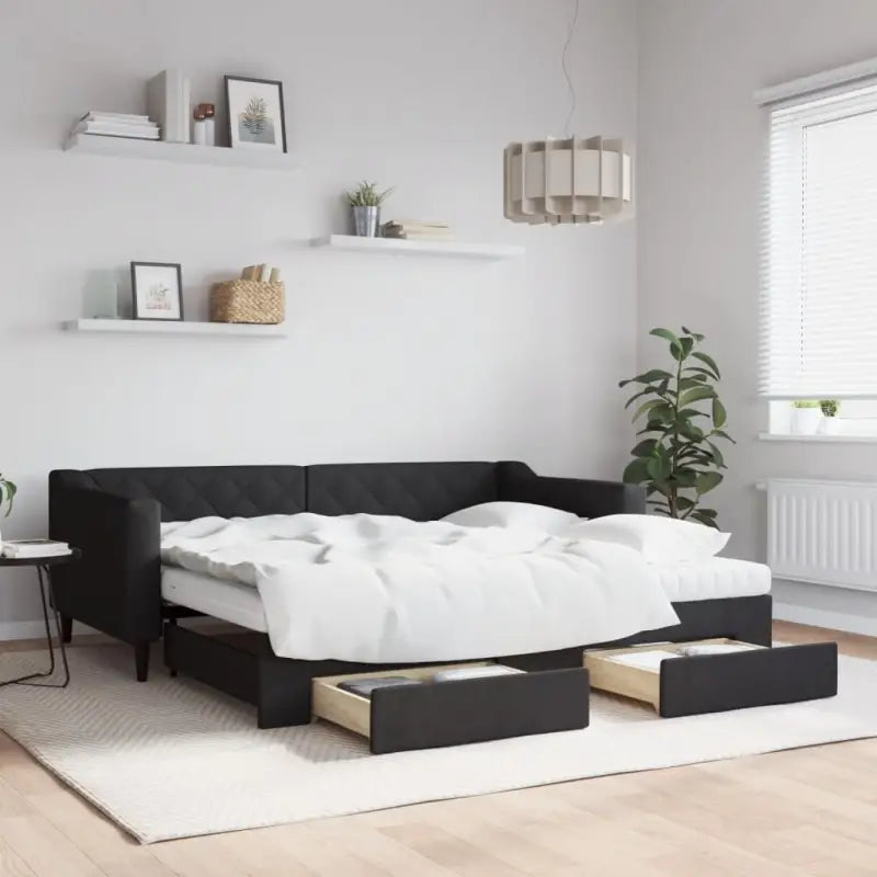 Moderne 2-in-1 slaapbank met onderschuifbed voor woon en slaapkamer - Zwart / 90 x 190 cm / met onderschuifbed en lade