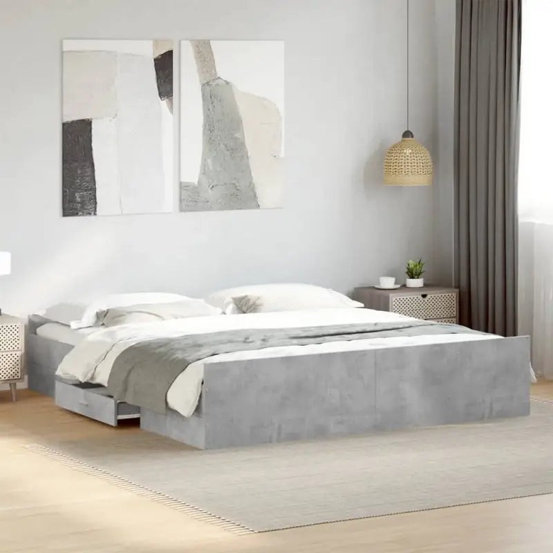 Moderne bedframe met lades van bewerkt hout voor een stijlvolle slaapkamer - Betongrijs / 200 x 200 cm - Bedden &