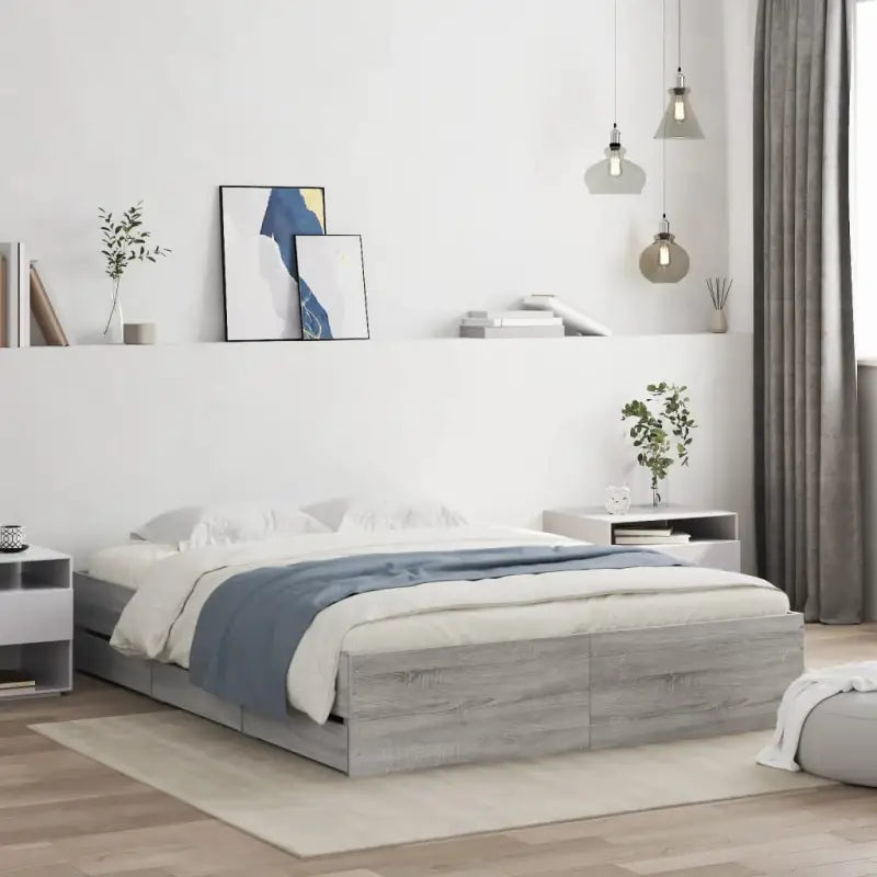 Moderne bedframe met lades van bewerkt hout voor een stijlvolle slaapkamer - Grijs sonoma / 140 x 200 cm - Bedden &