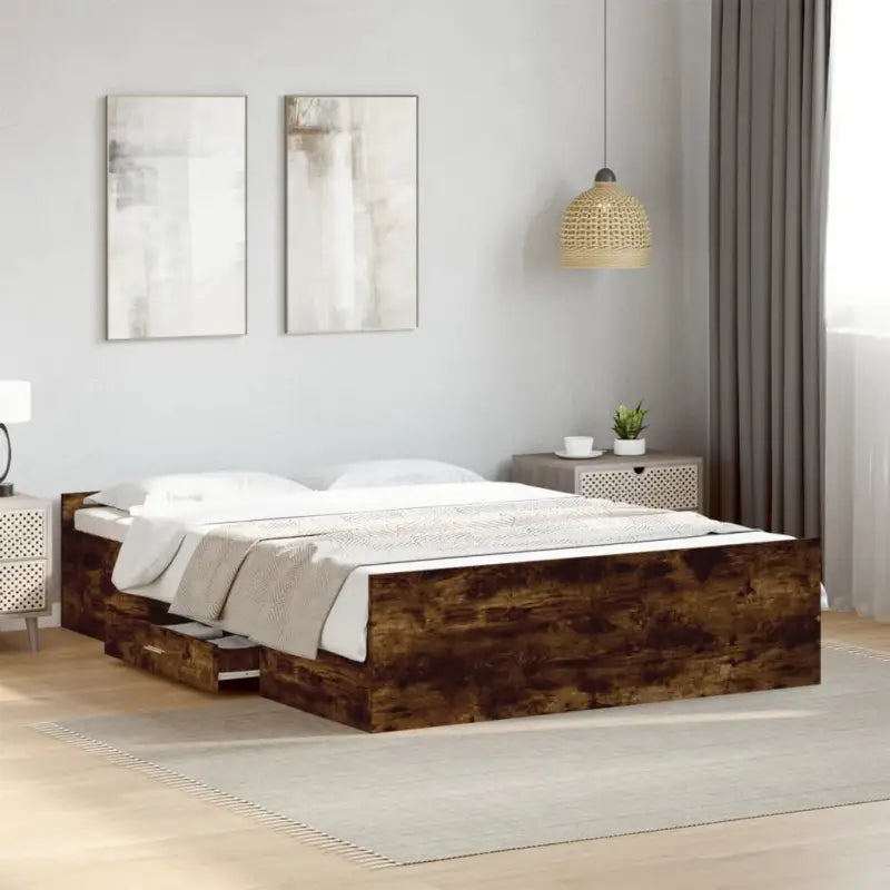 Moderne bedframe met lades van bewerkt hout voor een stijlvolle slaapkamer - Gerookt eiken / 135 x 190 cm - Bedden &
