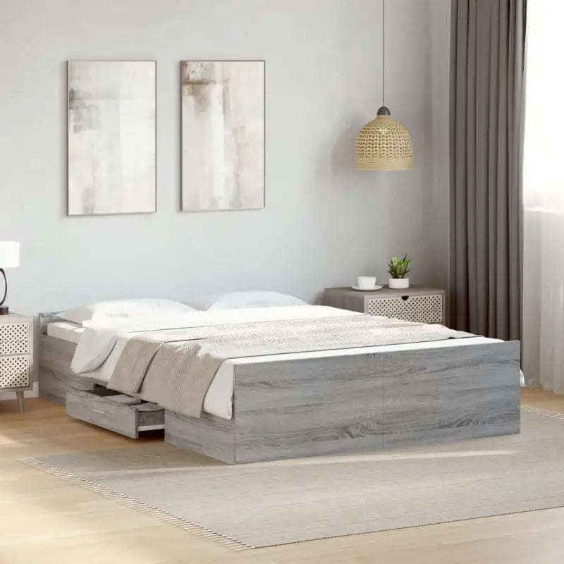 Moderne bedframe met lades van bewerkt hout voor een stijlvolle slaapkamer - Grijs sonoma / 135 x 190 cm - Bedden &