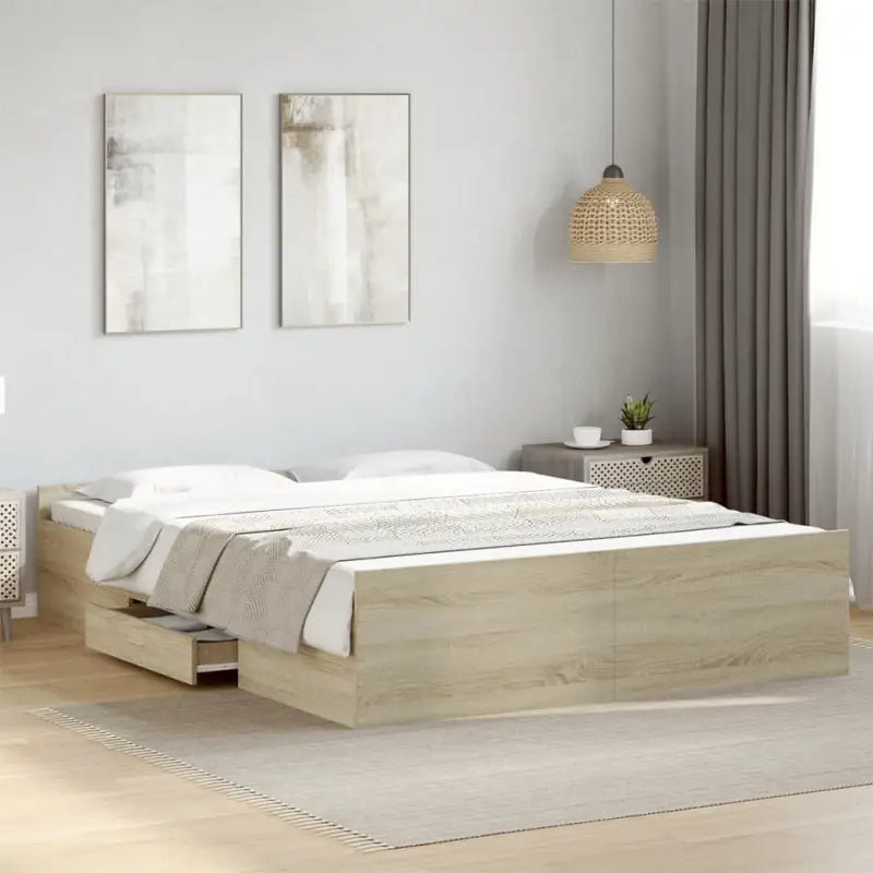 Moderne bedframe met lades van bewerkt hout voor een stijlvolle slaapkamer - Sonoma eiken / 150 x 200 cm - Bedden &
