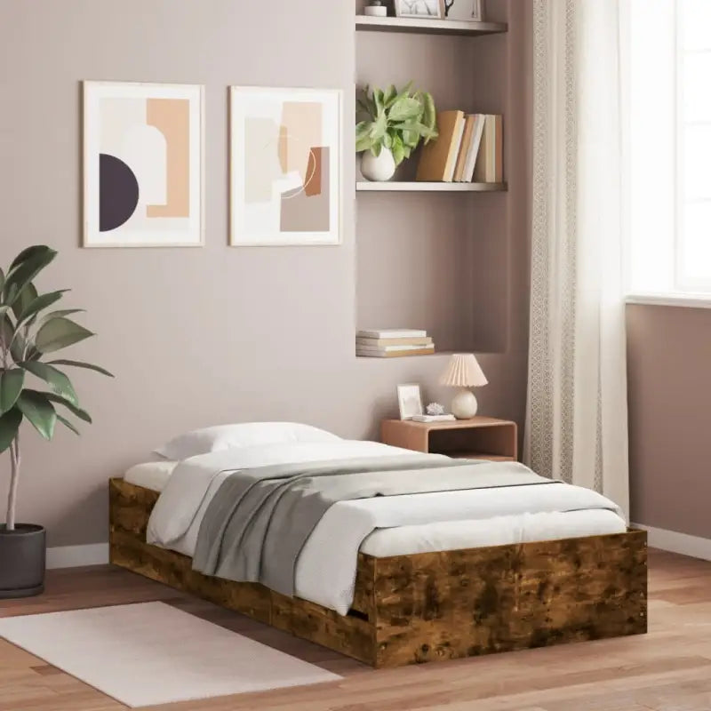 Moderne bedframe met lades van bewerkt hout voor een stijlvolle slaapkamer - Gerookt eiken / 90 x 190 cm - Bedden &
