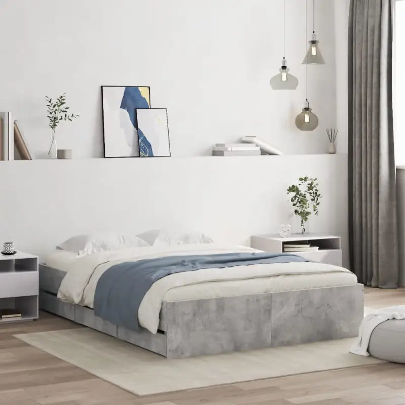 Moderne bedframe met lades van bewerkt hout voor een stijlvolle slaapkamer - Betongrijs / 135 x 190 cm - Bedden &